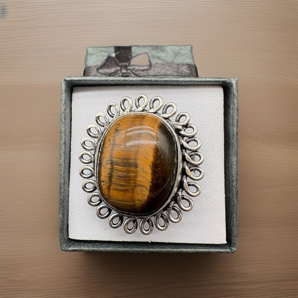 Tiger's Eye Oval Silver Plated Filigree Statement Ring Size 8.5
